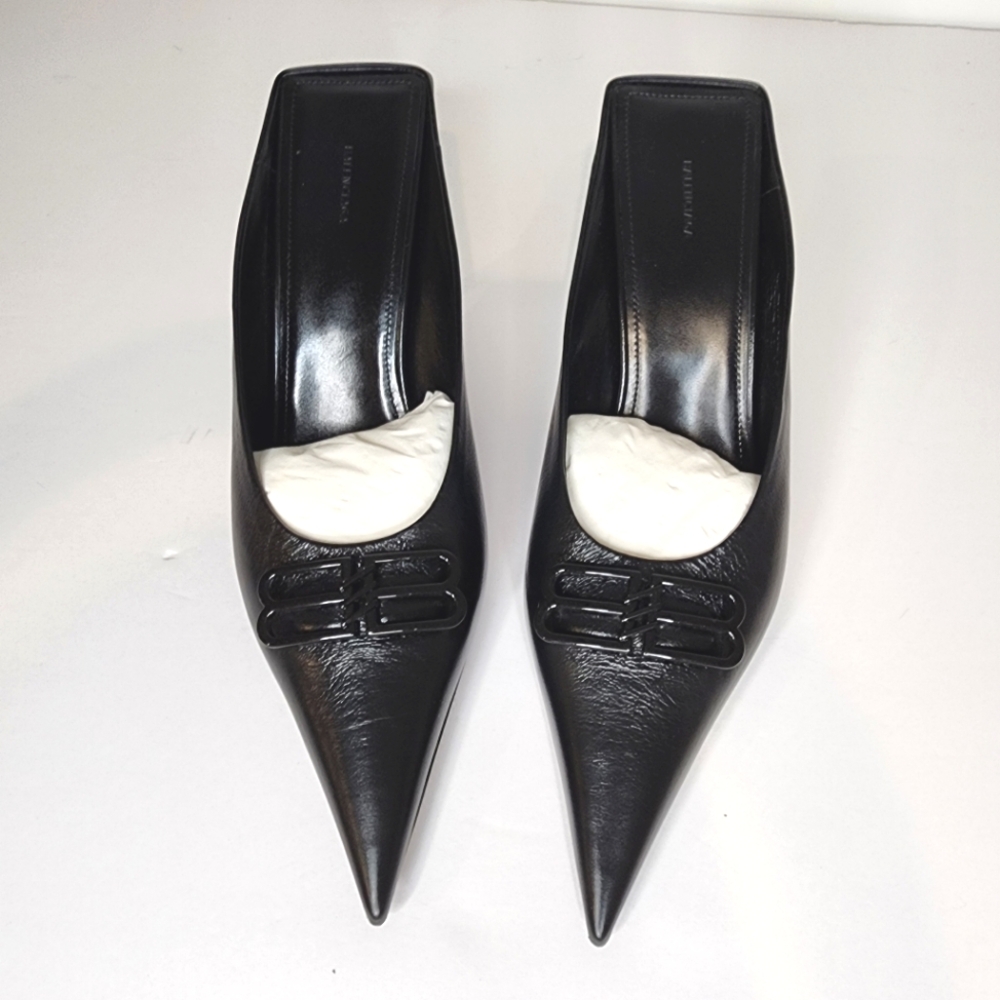 Balenciaga womens Square knife Pointed Toe BB Mules Leather Shoes in Black SZ 40